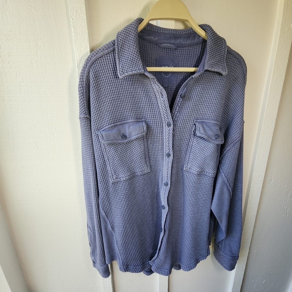 Aerie Lumber Jane Waffle Shirt Women's Blue Waffle Knit Sweater Oversized Size S